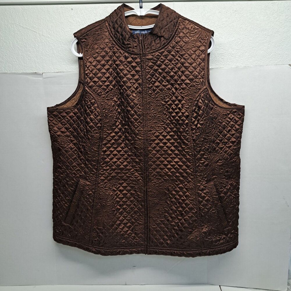 Susan Graver Quilted Puffer Vest Brown Fleece Lined Pockets Women's 1X